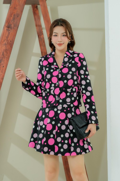 Sixdo Black & Pink Polka Dot Mini Raw Skirt